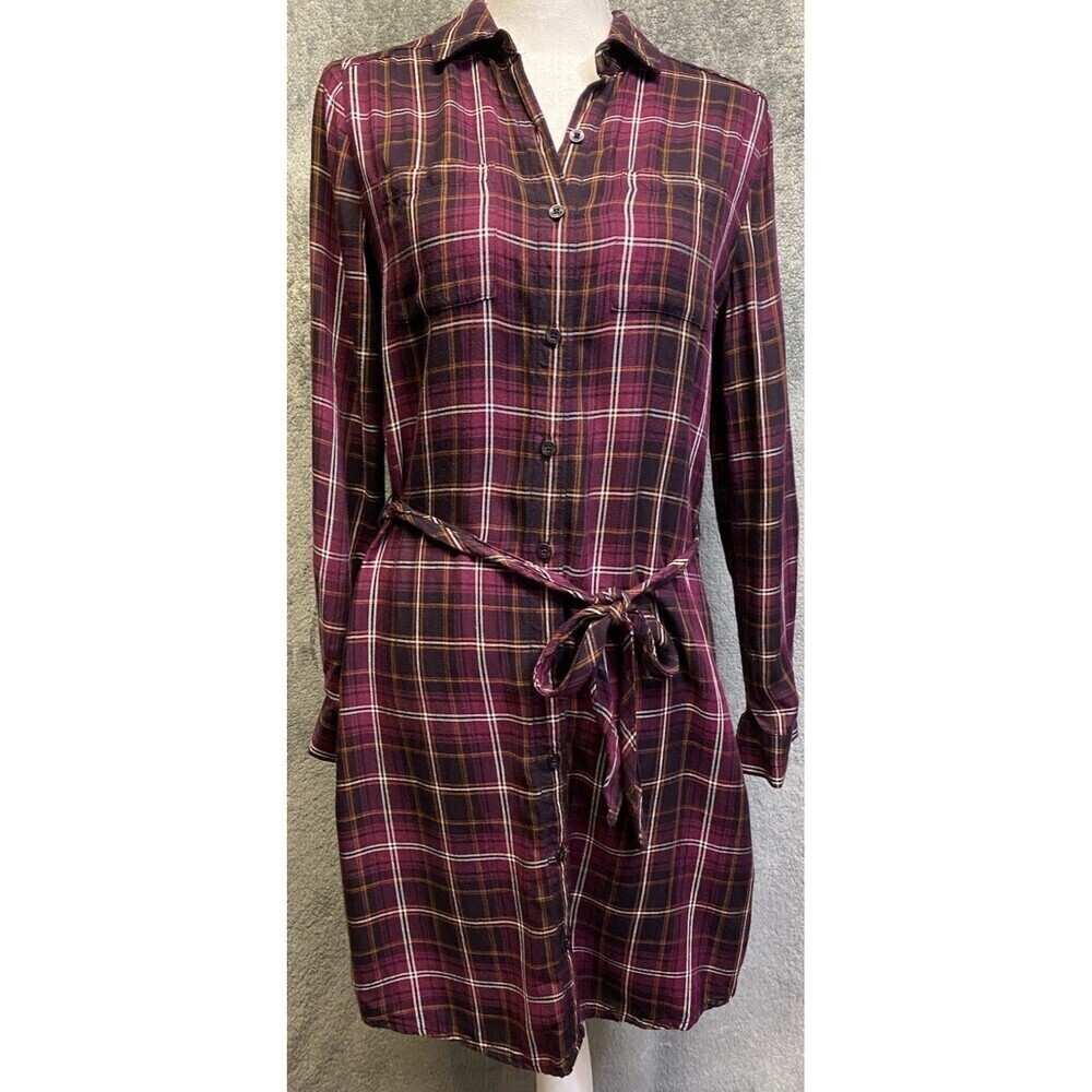 Banana Republic Women’s Plum Plaid, Button Down, Tie Waist Shirt Dress Size 2 - Picture 2 of 16
